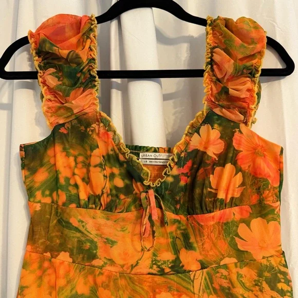 Urban Outfitters Audrey Mesh Floral Mini Dress Ruched Straps Size Large - Picture 4 of 10